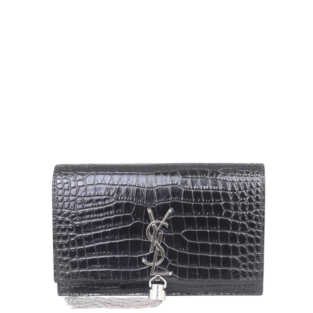 Saint Laurent Kate Tassel Chain Wallet Croc-Embossed