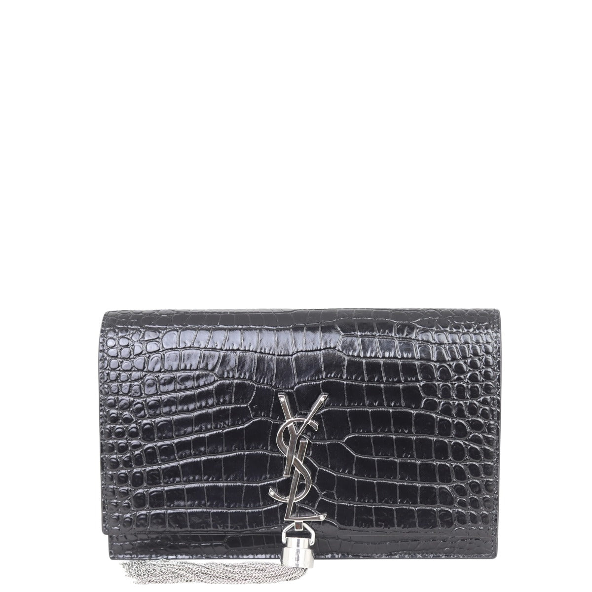 Saint Laurent Kate Tassel Chain Wallet Croc-Embossed