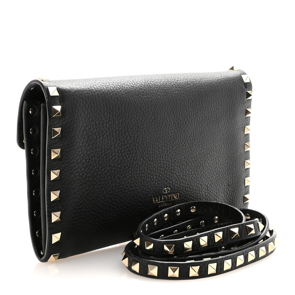 Pebbled Calfskin Rockstud Flip Lock Shoulder Bag Black