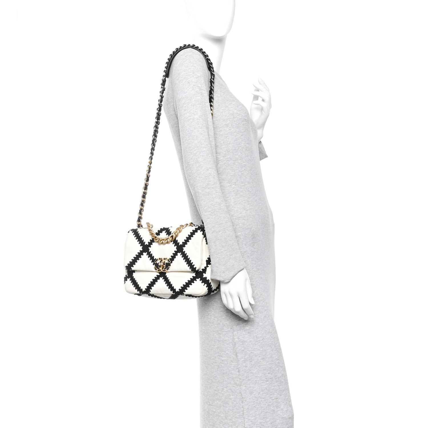 Calfskin Crochet Medium Chanel 19 Flap White Black