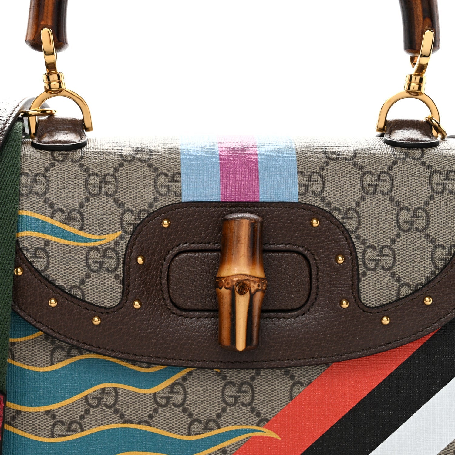 GG Supreme Monogram Studded Calfskin Centum Medium Bamboo 1947 Top Handle Bag Beige Ebony Multicolor