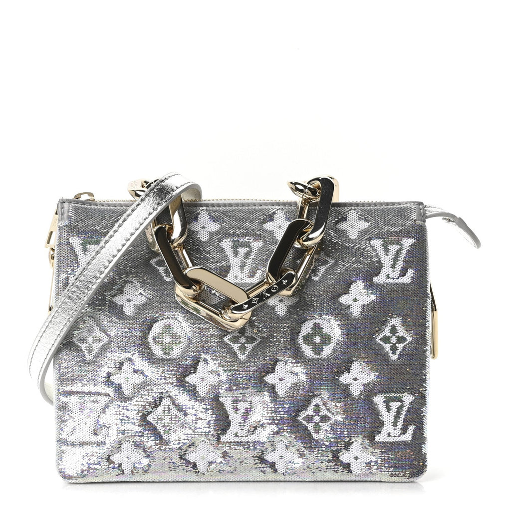 Satin Sequin Embroidered Monogram Coussin BB Silver