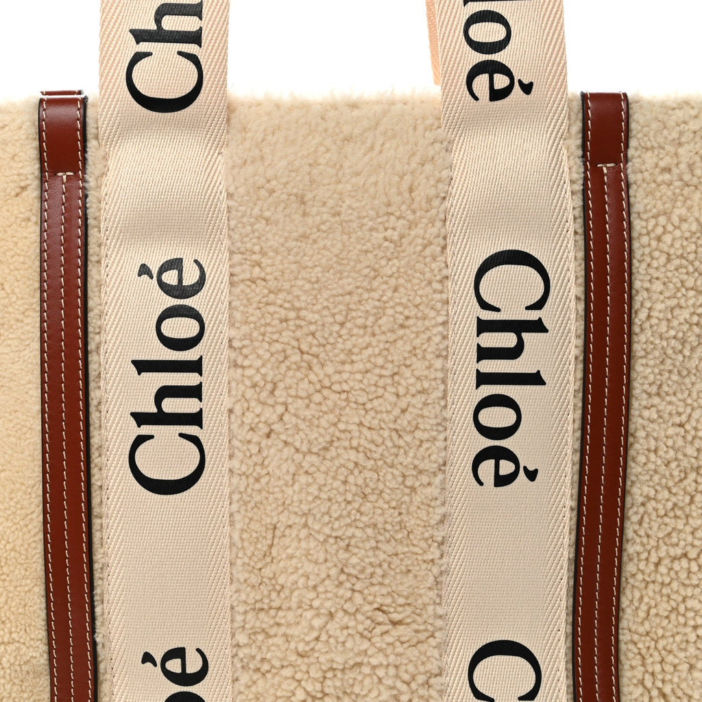Shearling Calfskin Large Woody Ribbon Tote Mild Beige