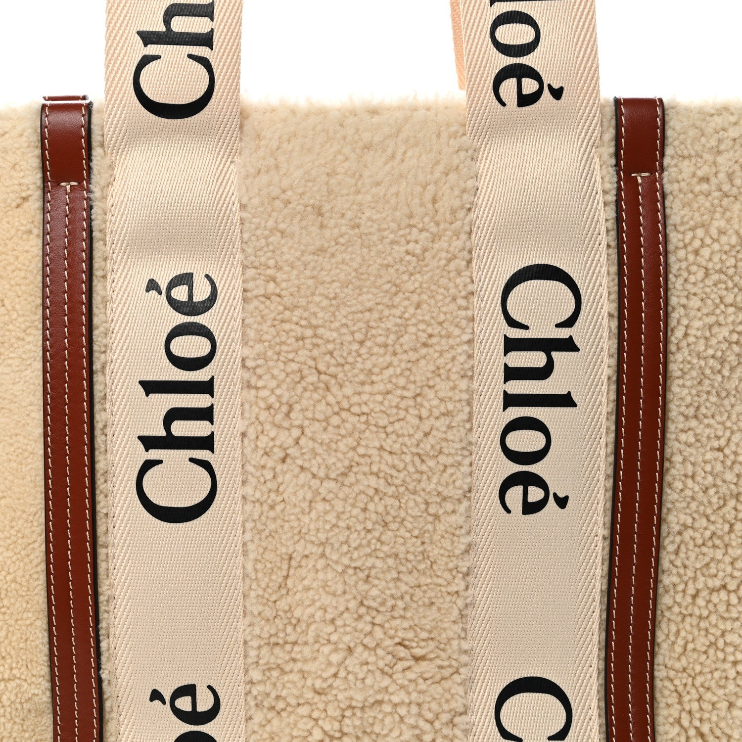 Shearling Calfskin Large Woody Ribbon Tote Mild Beige