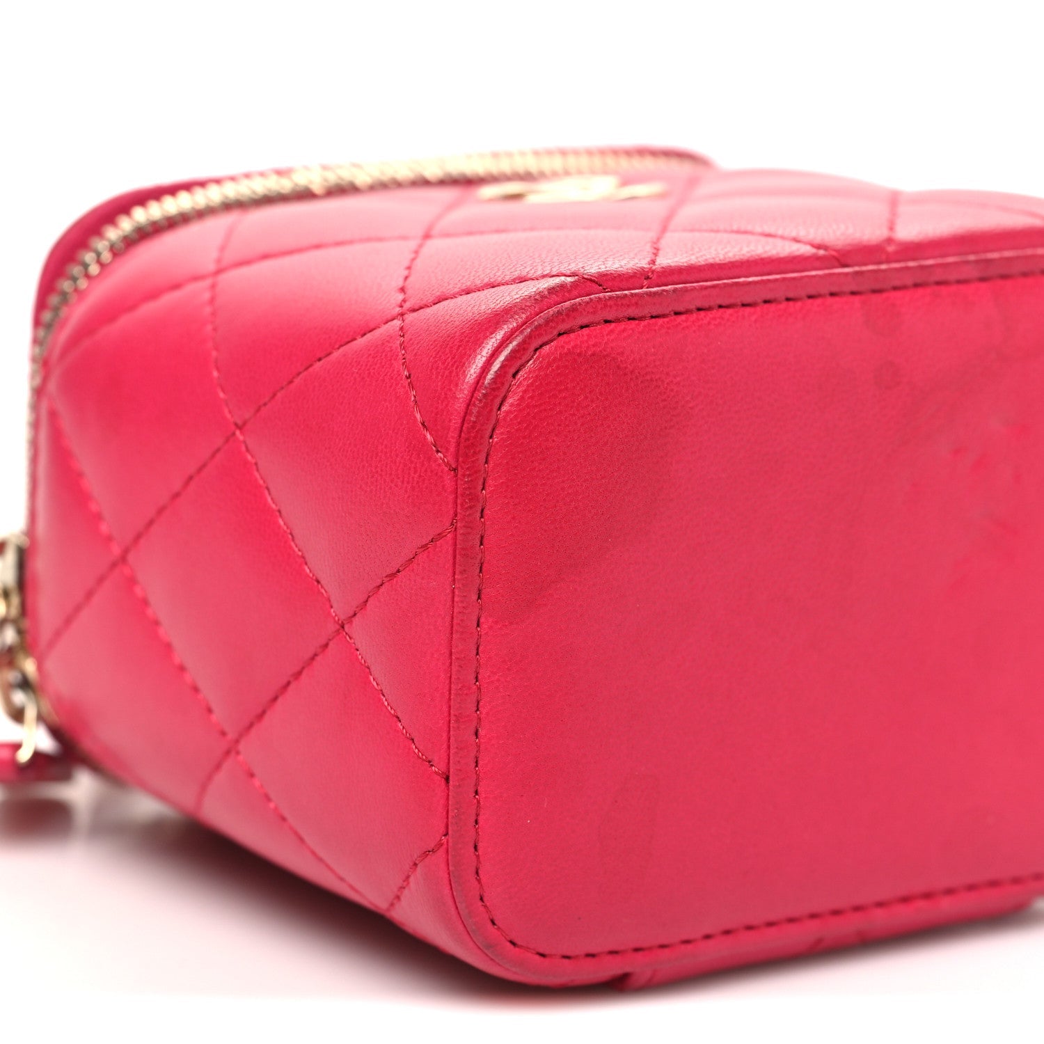 Lambskin Quilted Mini Top Handle Vanity Case With Chain Dark Pink