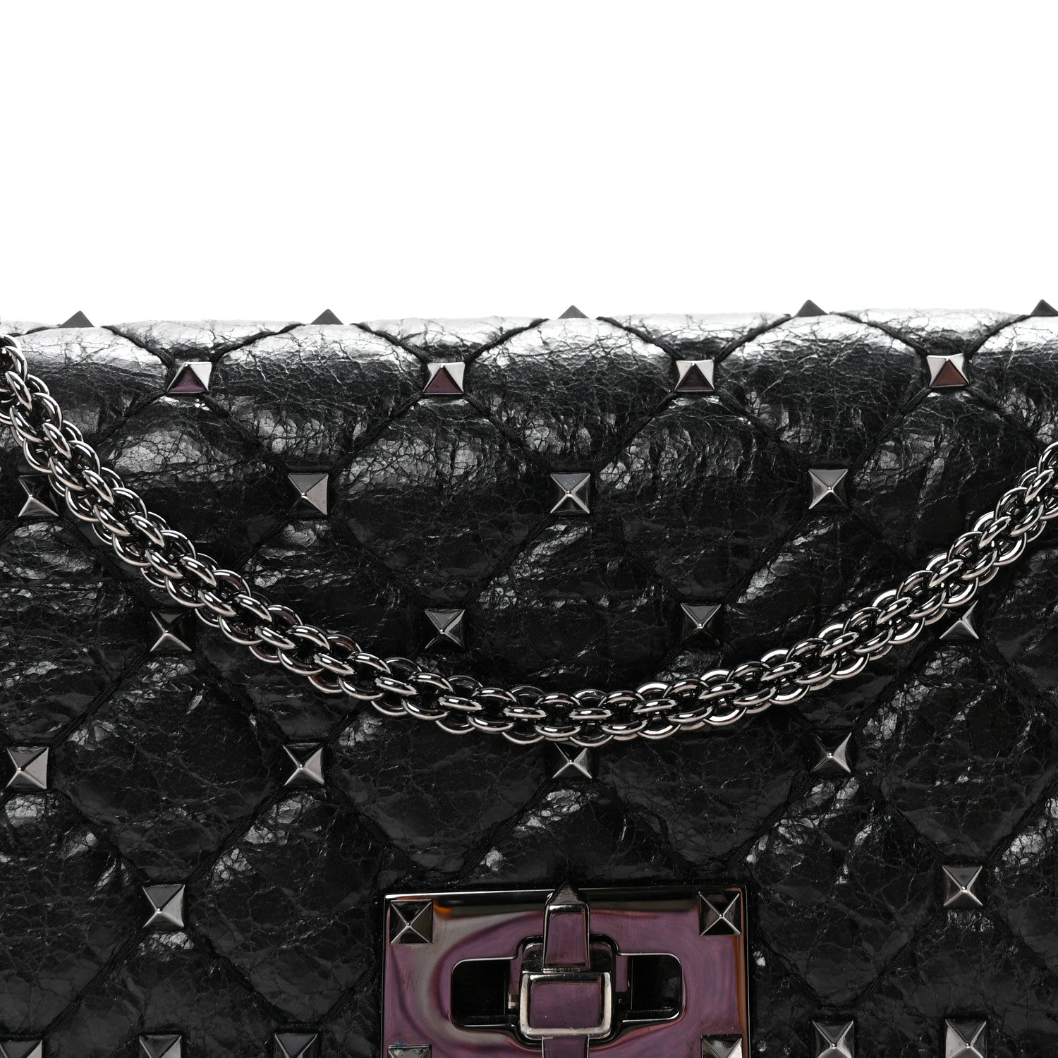 Craquele Nappa Rockstud Spike Wallet on Chain Black
