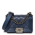 Metallic Calfskin Quilted Mini Boy Flap Blue