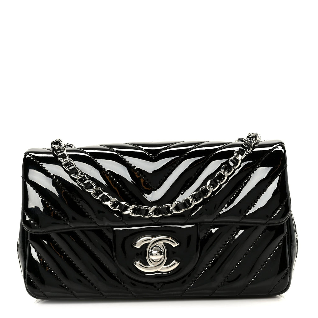 Patent Calfskin Chevron Quilted Extra Mini Flap Black