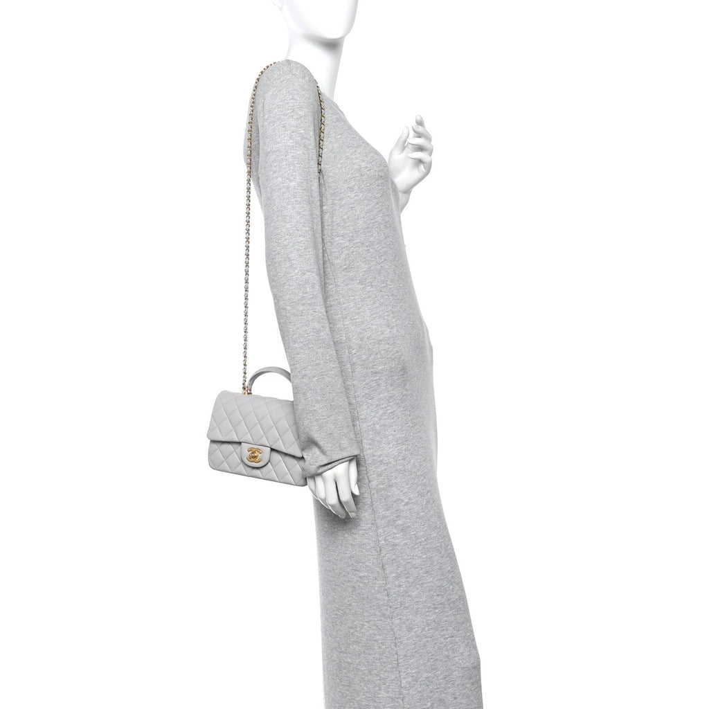 Lambskin Quilted Mini Top Handle Rectangular Flap Grey