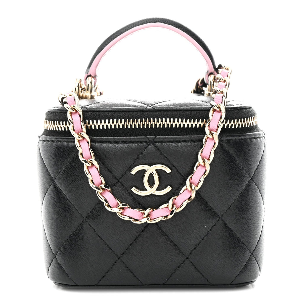 Lambskin Quilted Top Handle Mini Vanity Case With Chain Black Pink