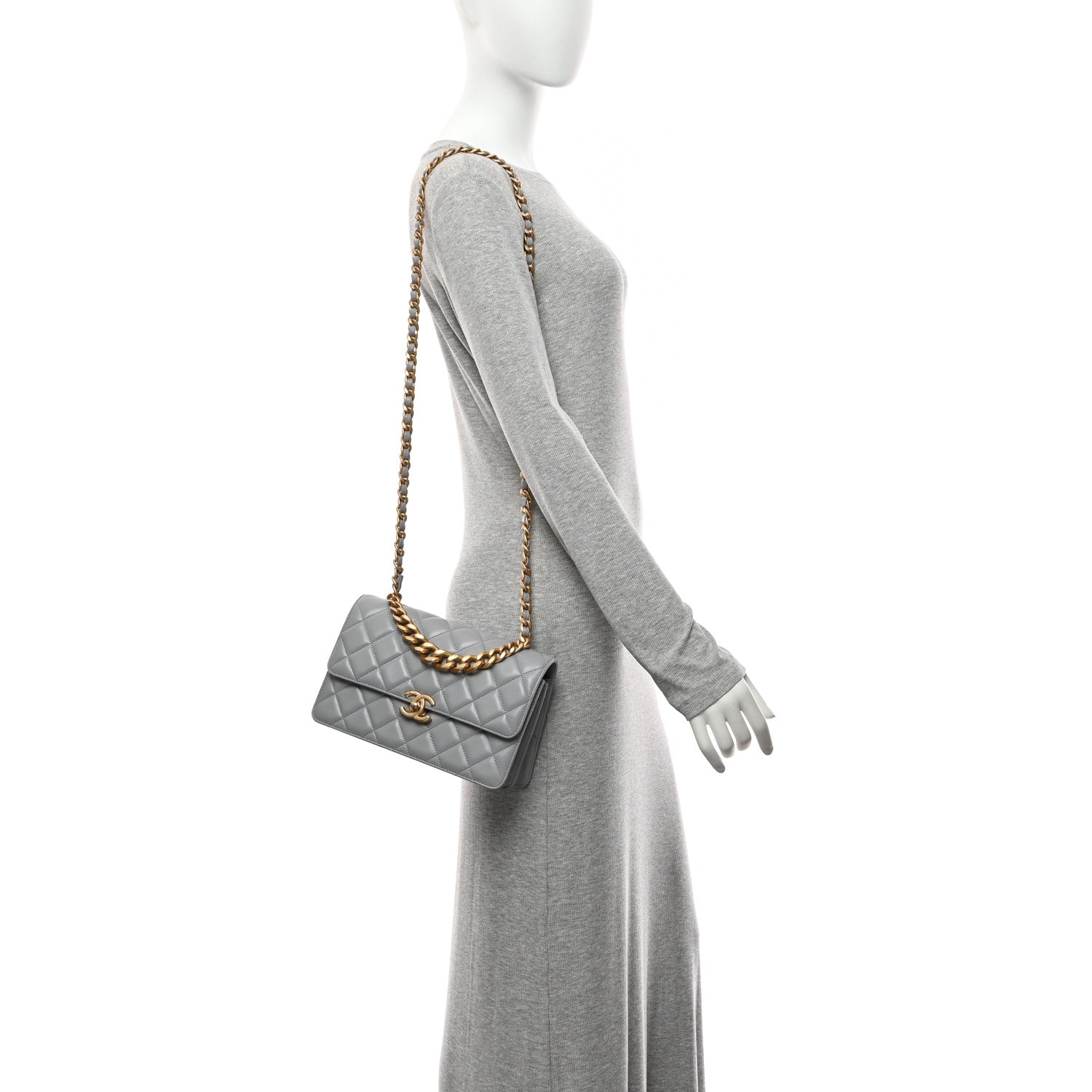 Caflskin Quilted Dual Handle Chain Flap Bag Grey