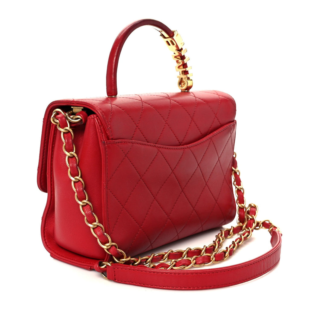 Lambskin Stitched Pearl Logo Top Handle Flap Red