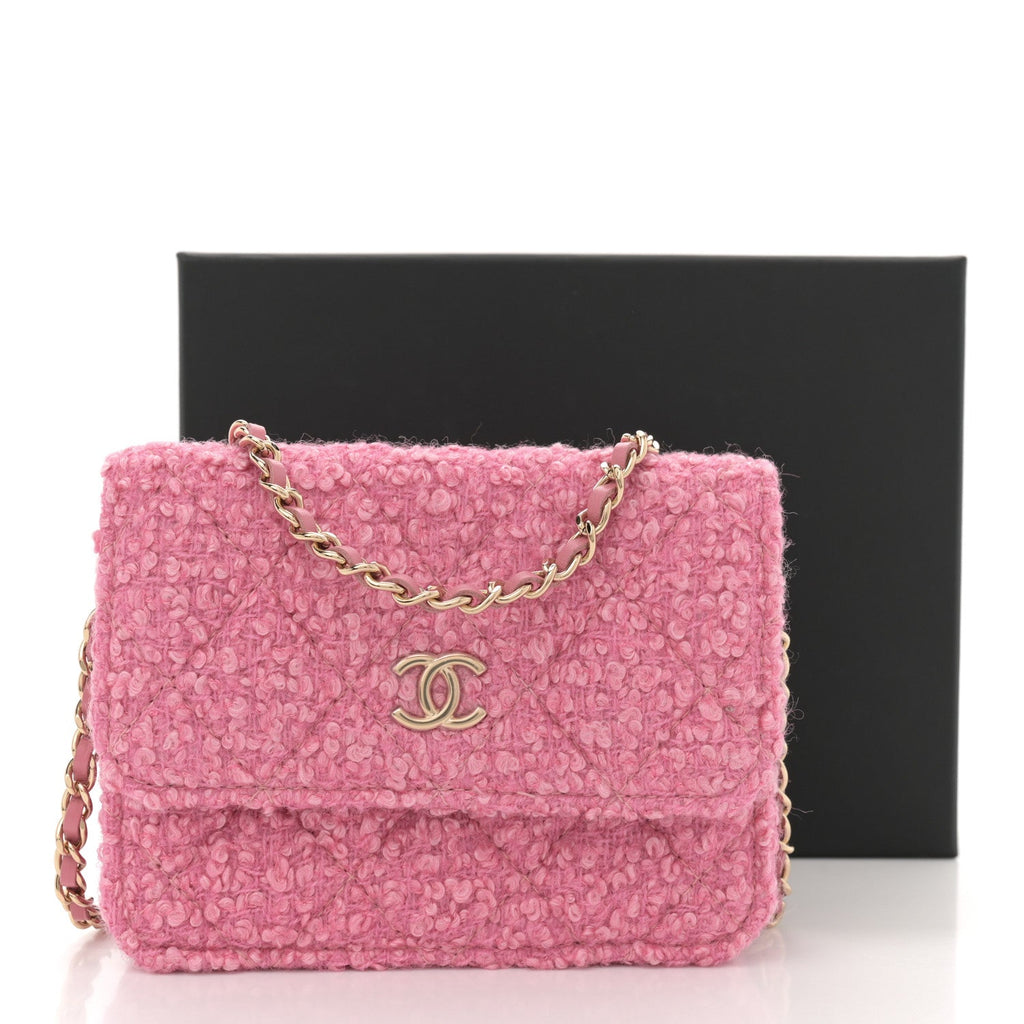 Tweed Quilted Flap Chain Waist Bag Pink