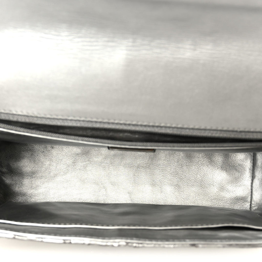 Metallic Snakeskin Medium Single Flap Silver