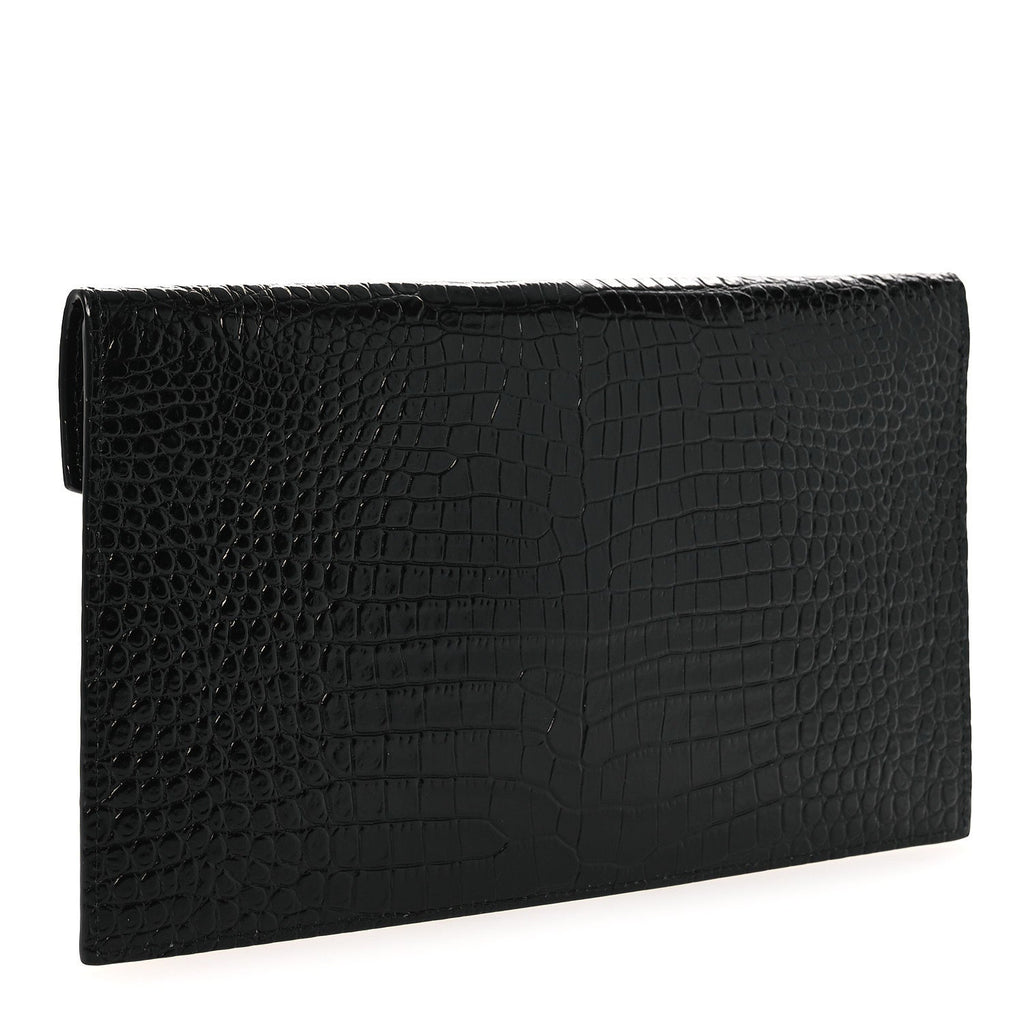 Calfskin Crocodile Embossed Uptown Monogram Clutch Black