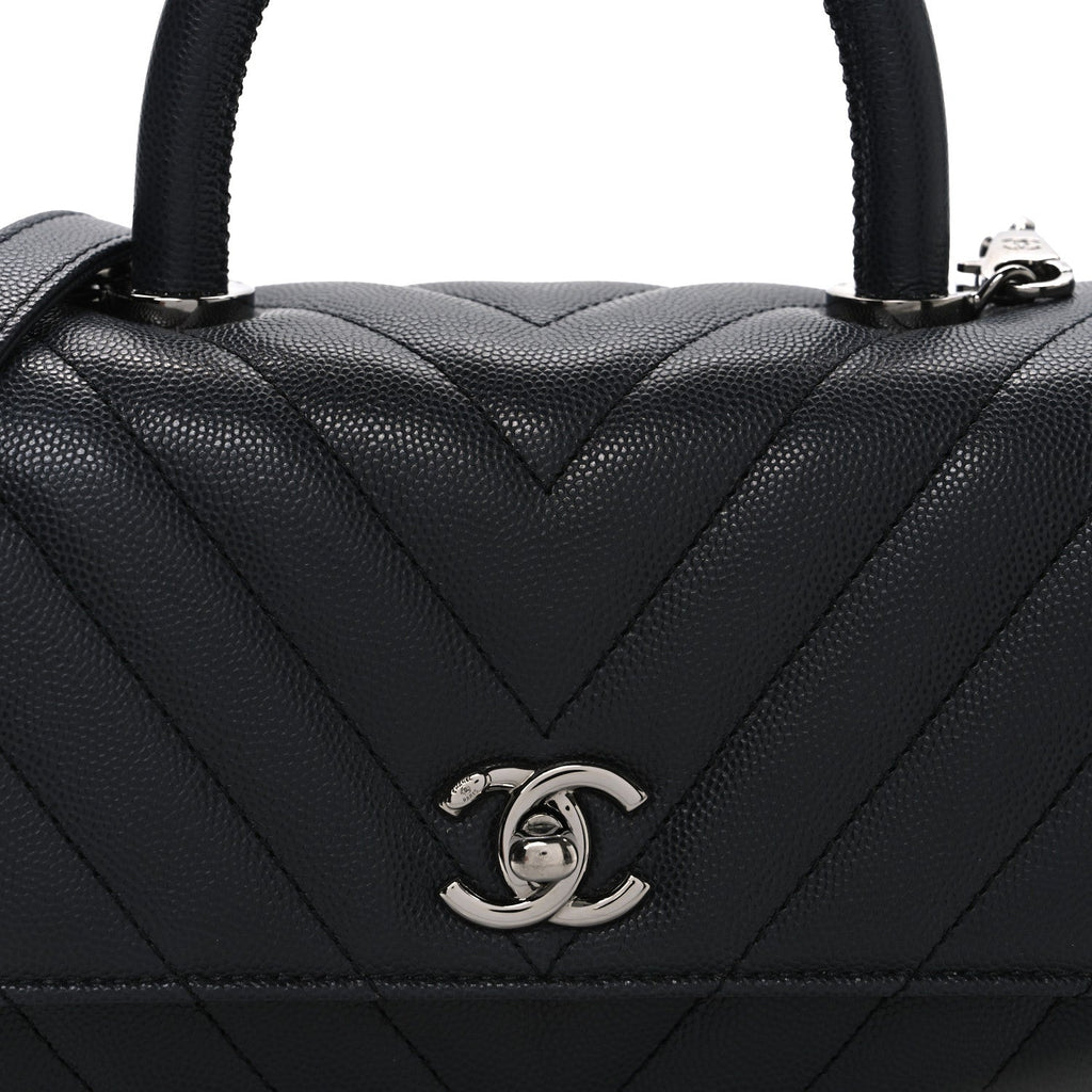 Caviar Chevron Quilted Mini Coco Handle Flap Dark Grey