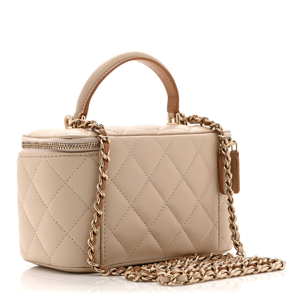 Lambskin Quilted Small Top Handle Vanity Case With Chain Beige