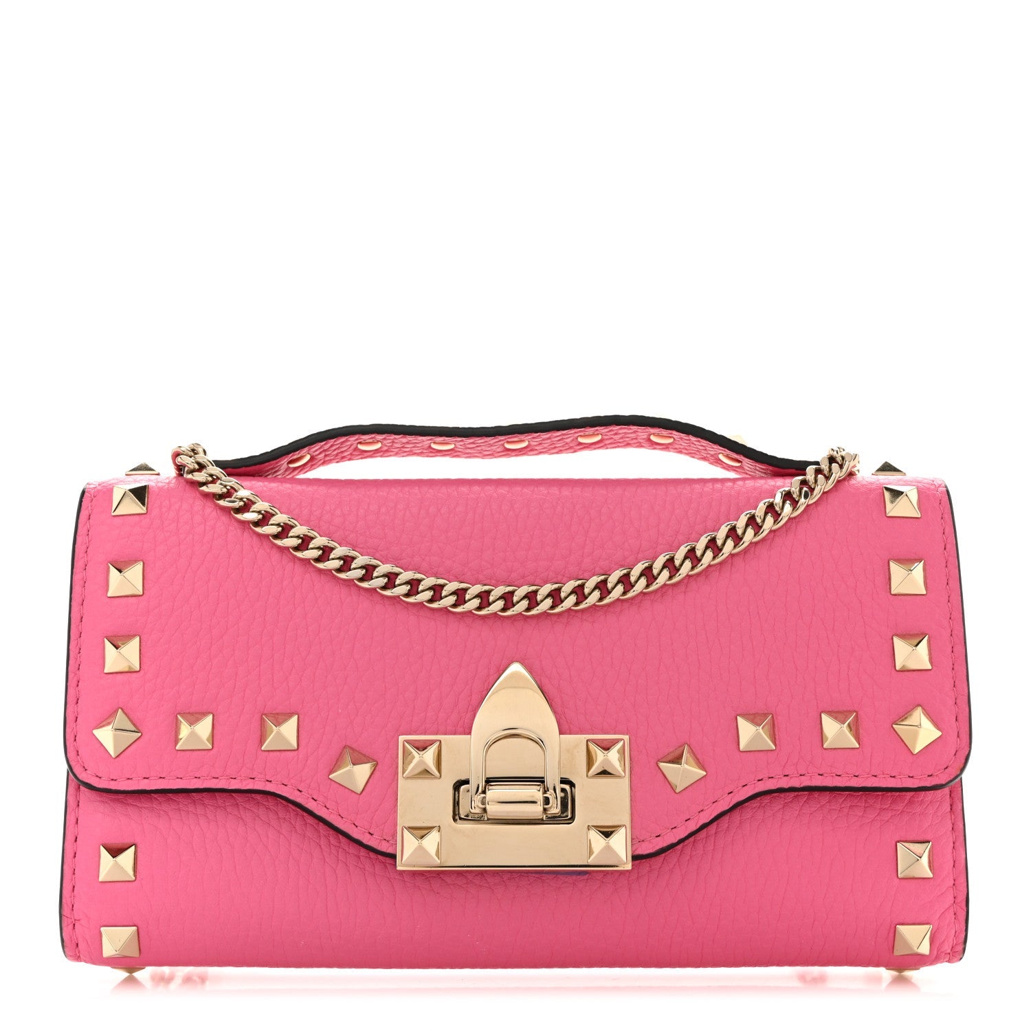Pebbled Calfskin Rockstud Flip Lock Wallet On Chain Feminine Pink