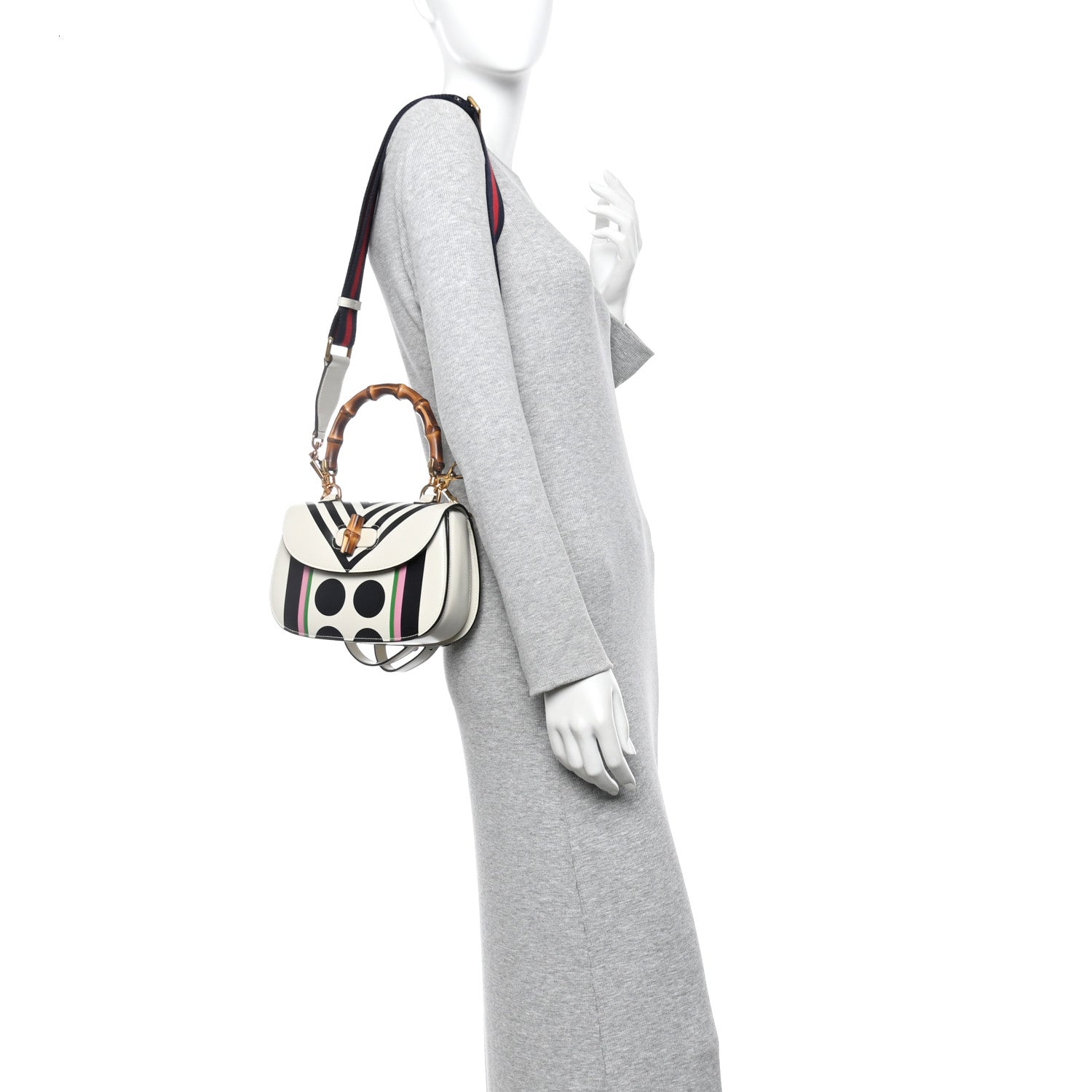 Calfskin Web Geometric Print Small Bamboo 1947 Top Handle Bag White Multi