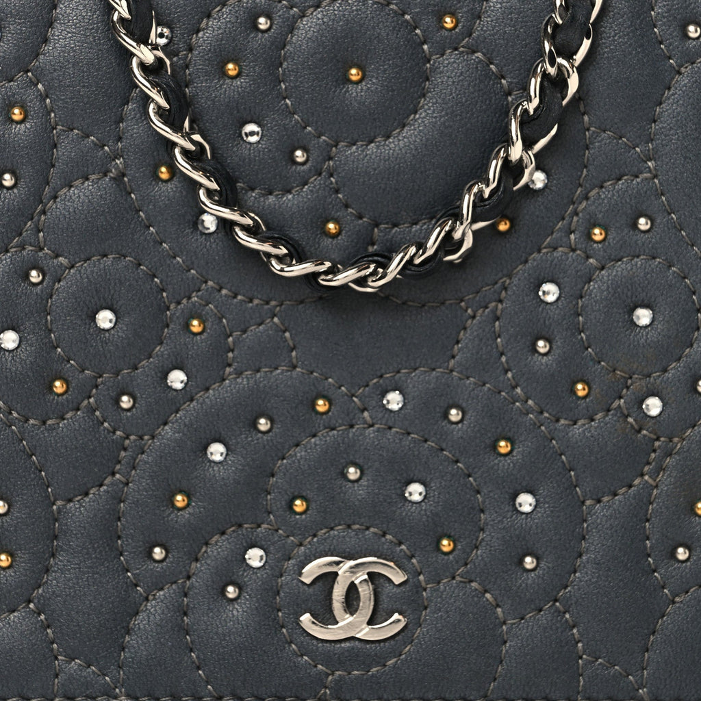 Lambskin Camellia Studded Wallet on Chain WOC Grey