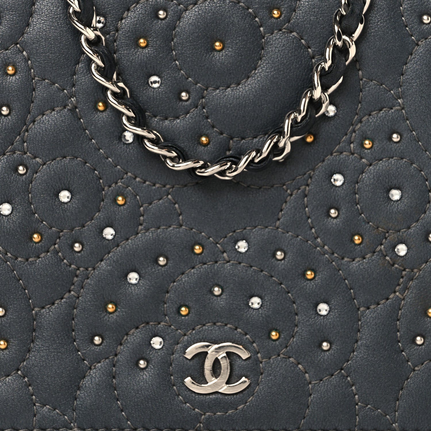 Lambskin Camellia Studded Wallet on Chain WOC Grey