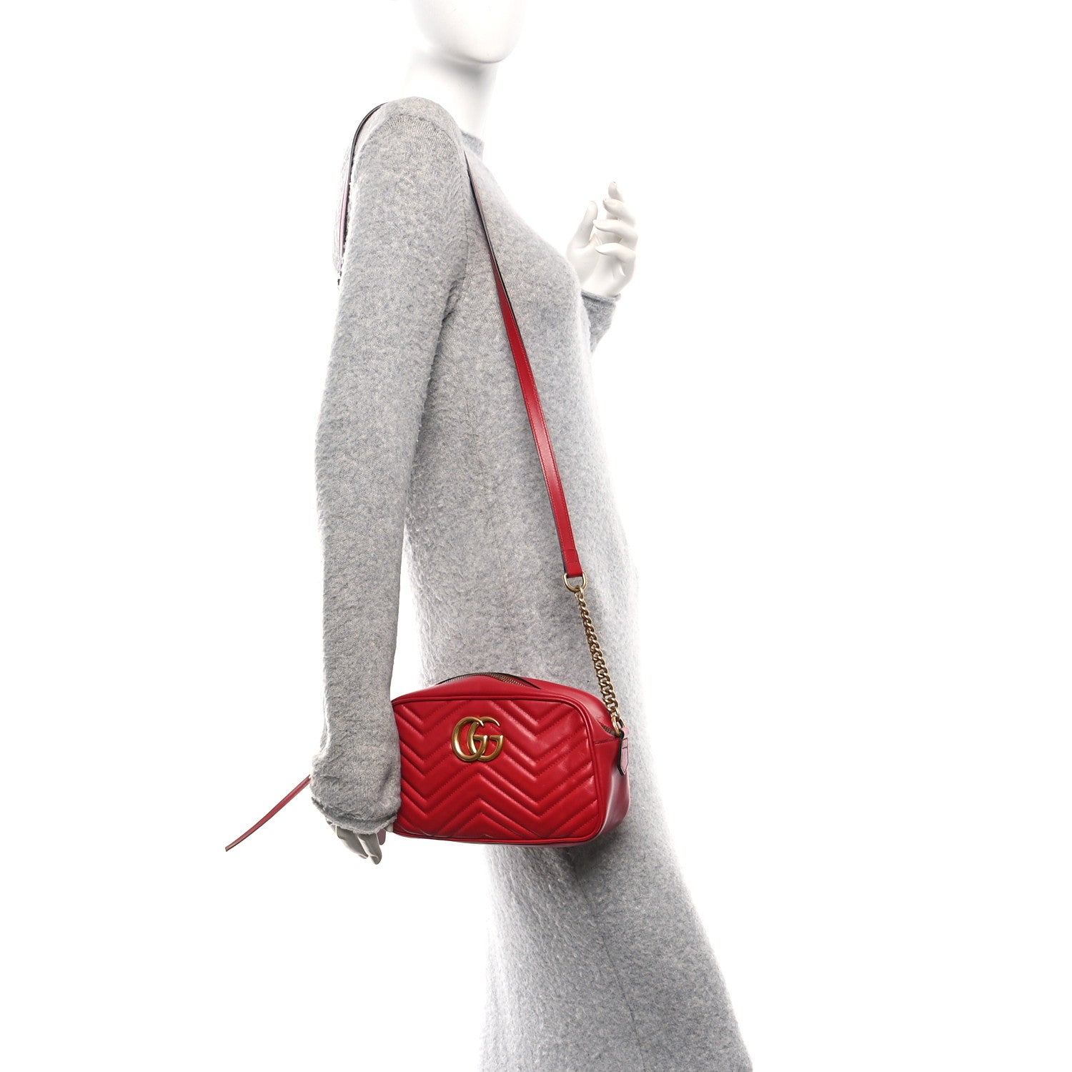 Calfskin Matelasse Small GG Marmont Chain Shoulder Bag Hibiscus Red