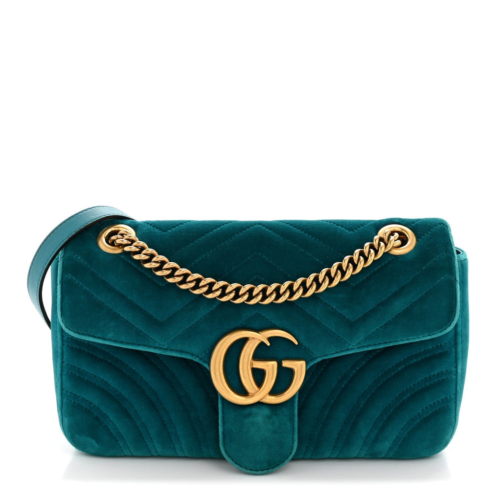Velvet Matelasse Small GG Marmont Shoulder Bag Pavone Cyan