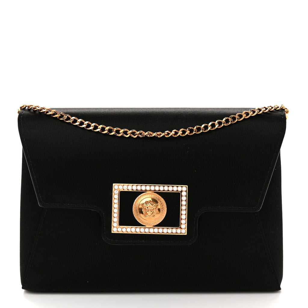 Satin Crystal La Medusa Pouch On Chain Black