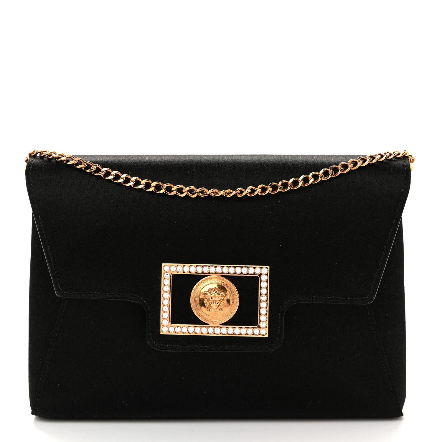 Satin Crystal La Medusa Pouch On Chain Black