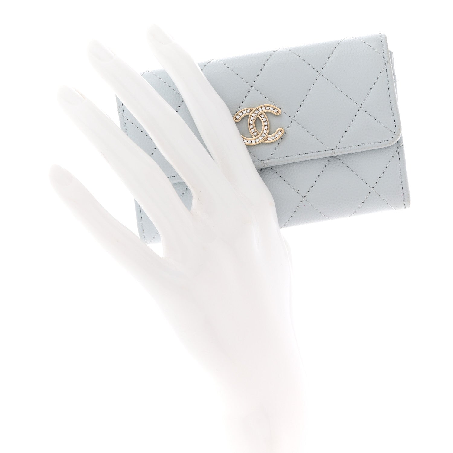 Caviar Quilted Crystal CC Flap  Holder Light Blue