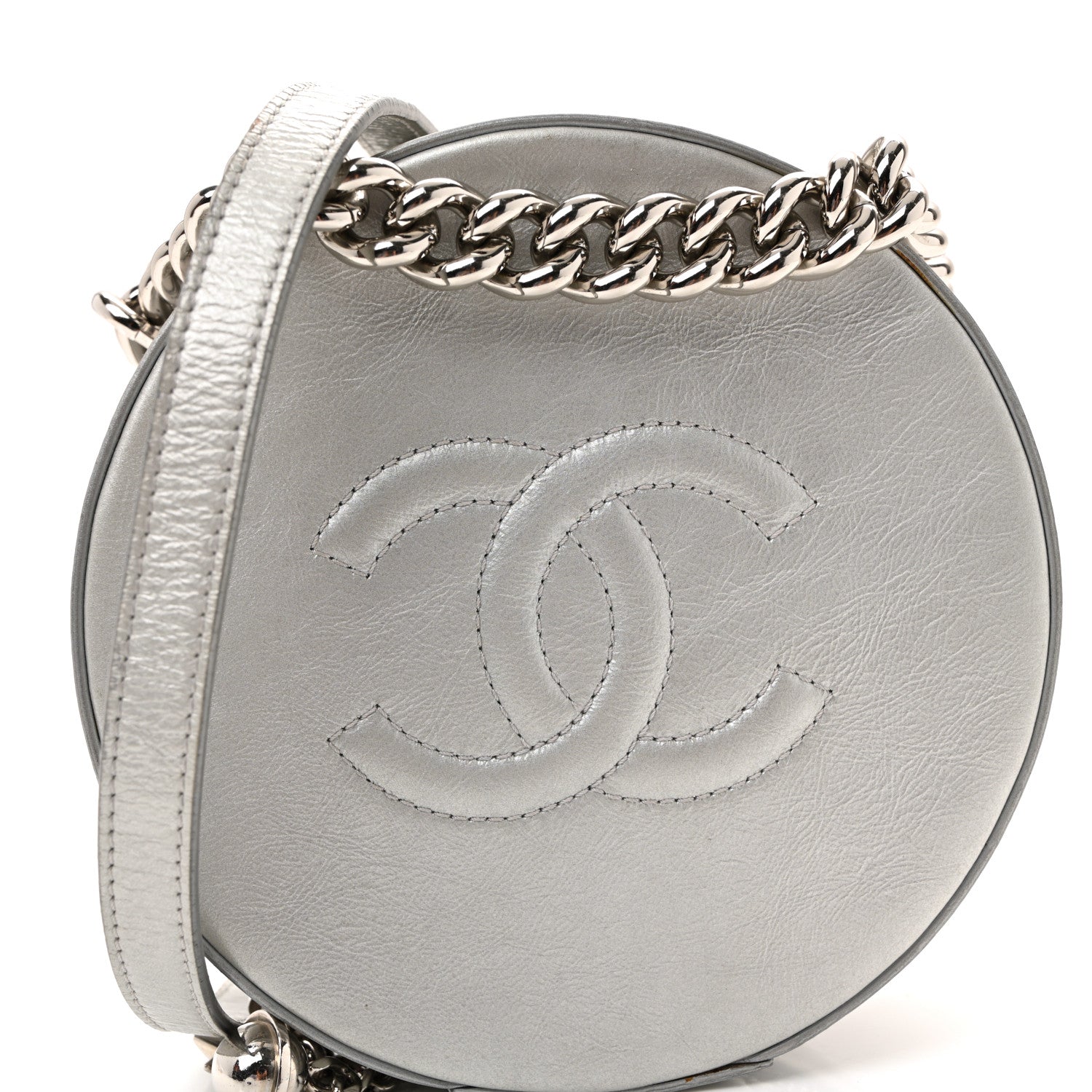 Metallic Glazed Calfskin Round As Earth Evening Bag Silver