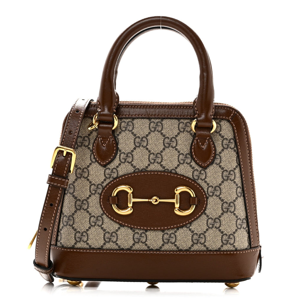 GG Supreme Monogram Azalea Calfskin Mini Horsebit 1955 Top Handle Bag Beige Ebony Brown Sugar