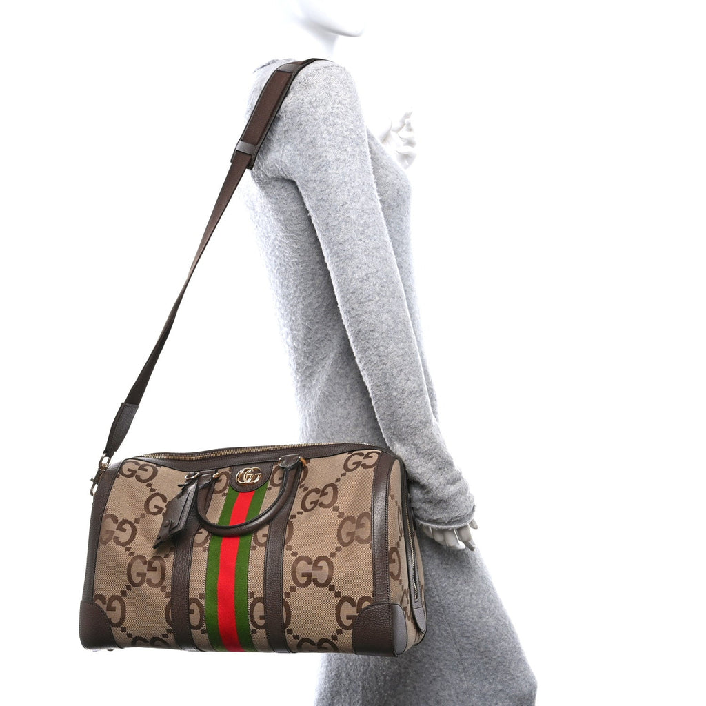 Monogram Jumbo GG Textured Dollar Calfskin Web Medium Duffle Bag Camel Ebony