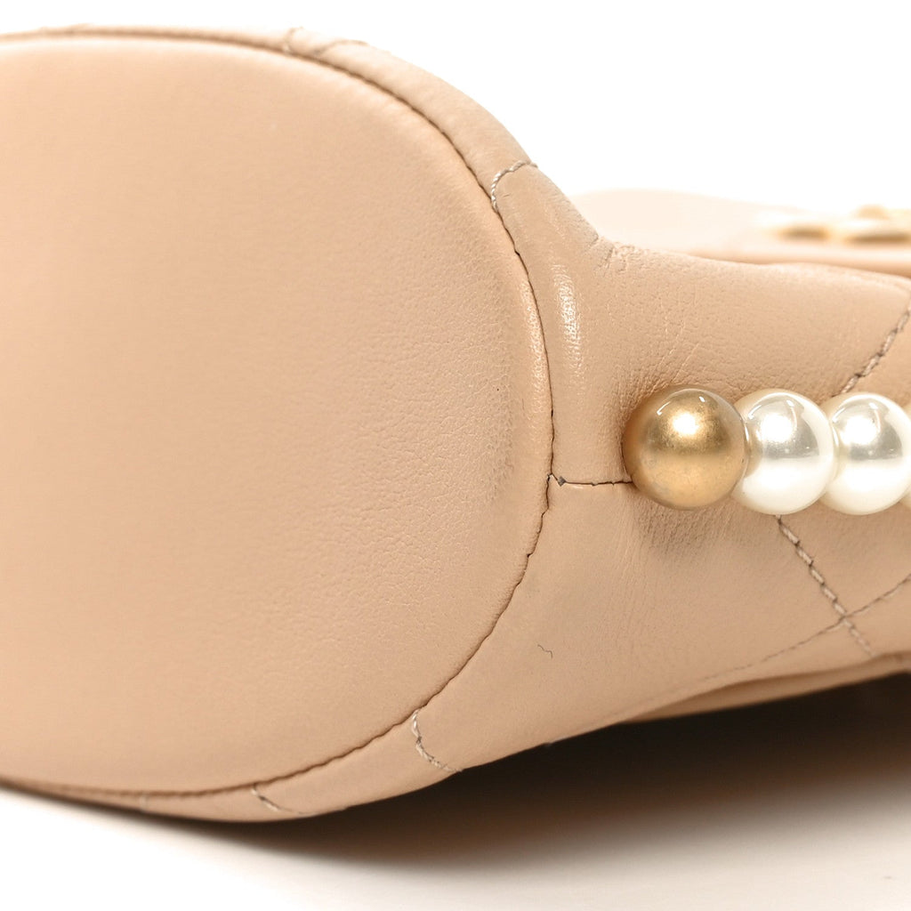 Calfskin Quilted Pearl Small Hobo Bag Beige