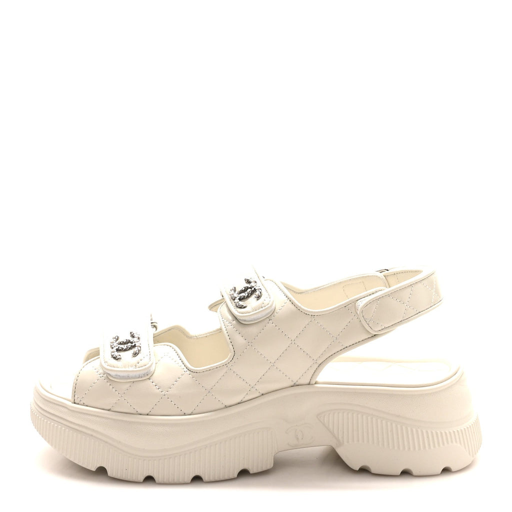 Shiny Calfskin Chain CC Velcro Dad Platform Sandals 39 White