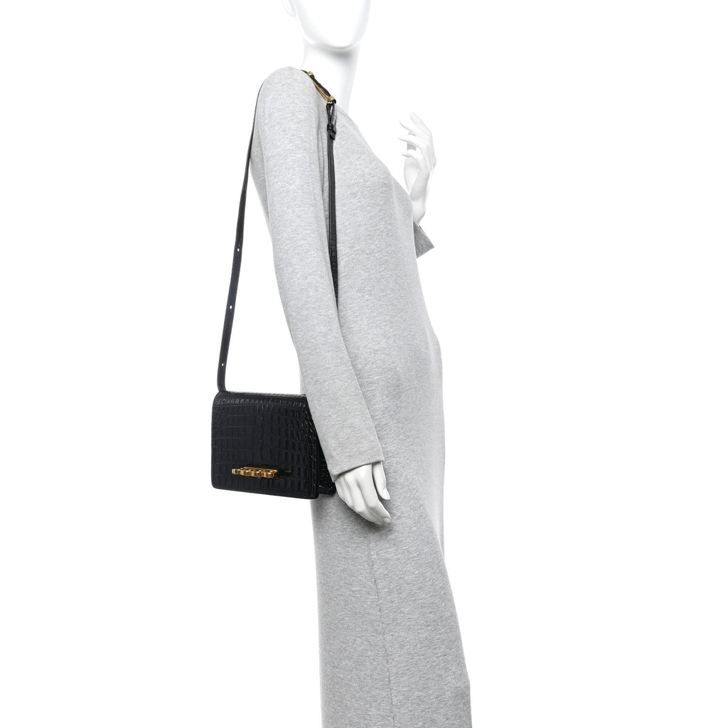 Calfskin Crocodile Embossed Four Ring Knuckle Crossbody Bag Black
