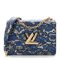 Calfskin Lace Flower Inlay Twist Shoulder Bag MM Navy Black