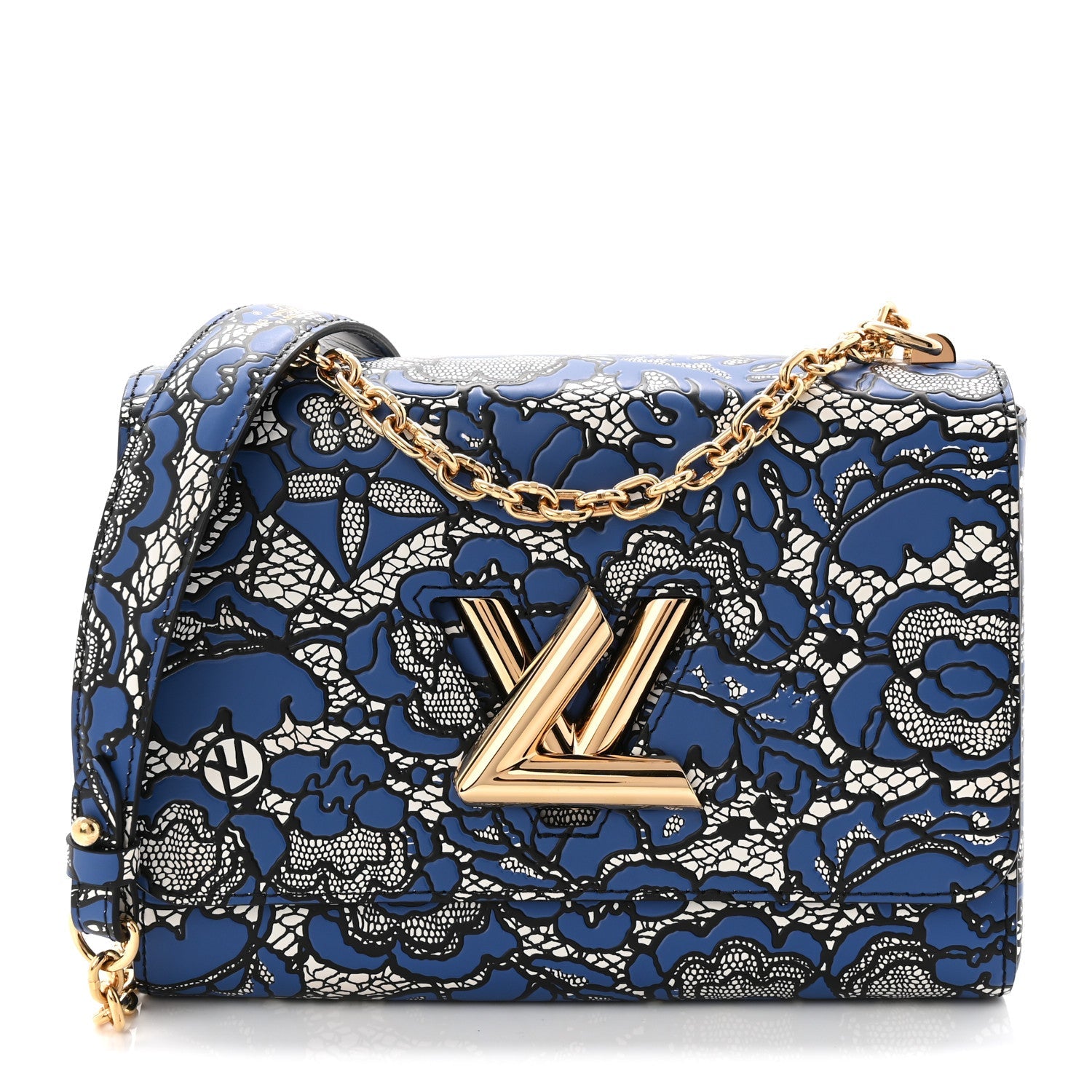 Calfskin Lace Flower Inlay Twist Shoulder Bag MM Navy Black