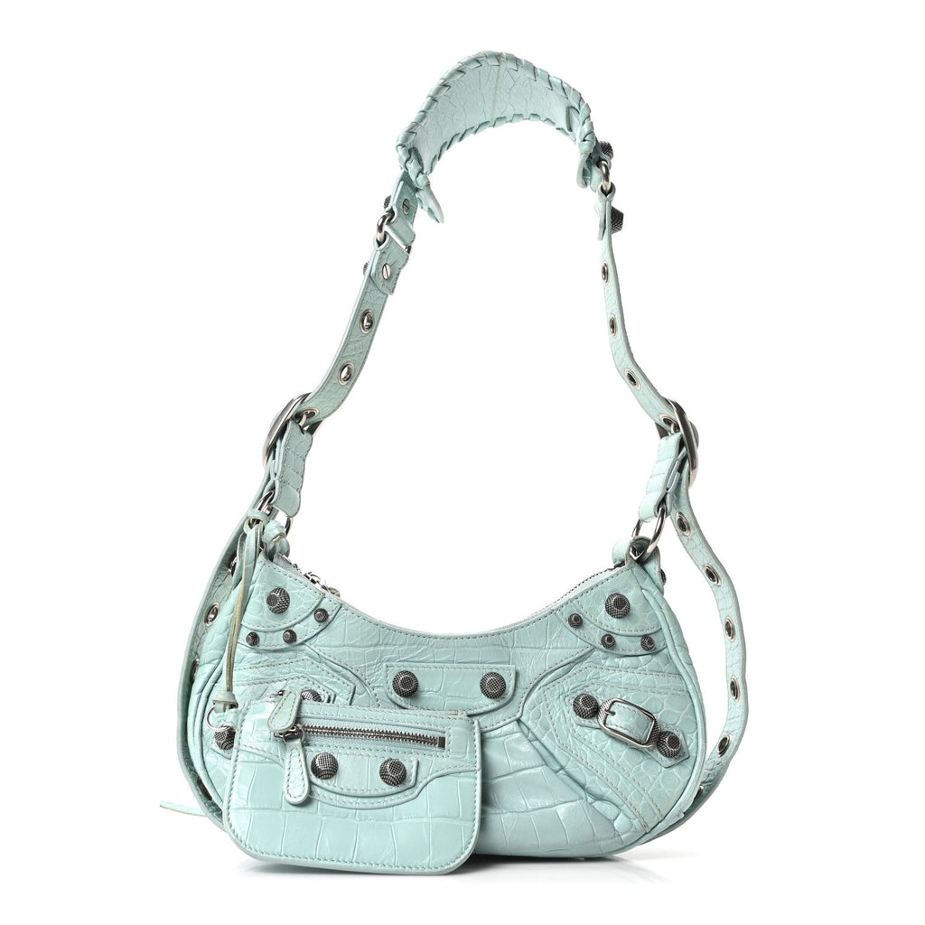 Extra Supple Calfskin Crocodile Embossed Le Cagole Shoulder Bag XS Green Acqua