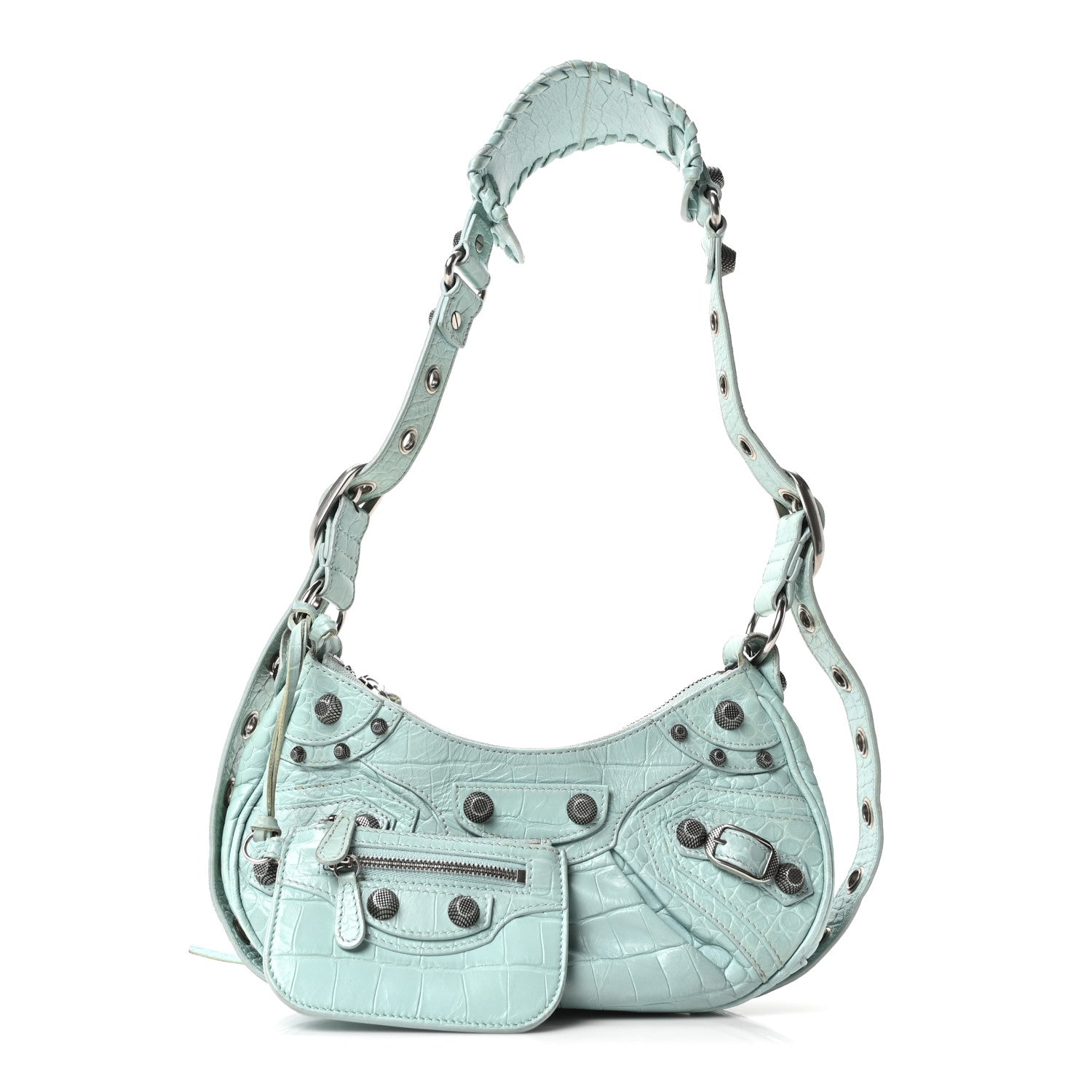 Extra Supple Calfskin Crocodile Embossed Le Cagole Shoulder Bag XS Green Acqua