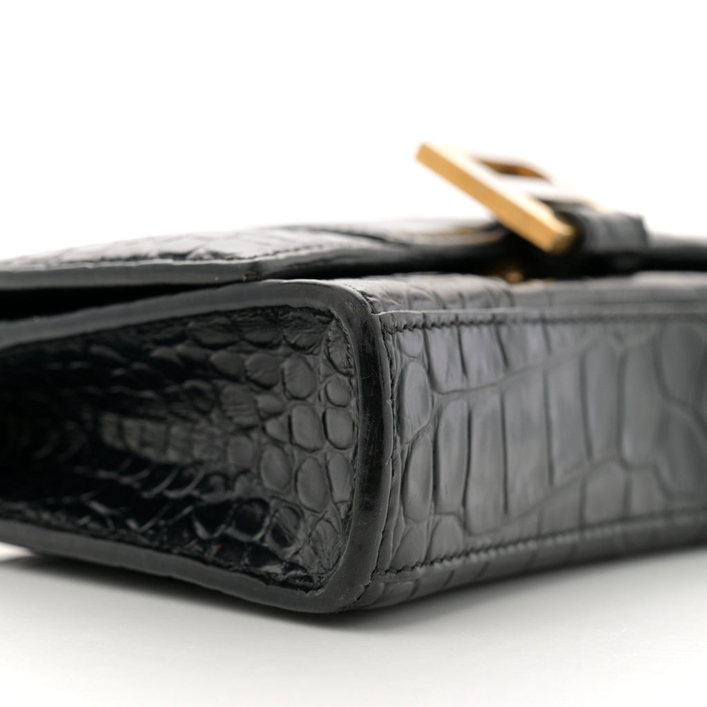 Shiny Calfskin Crocodile Embossed Hourglass Chain Bag Black