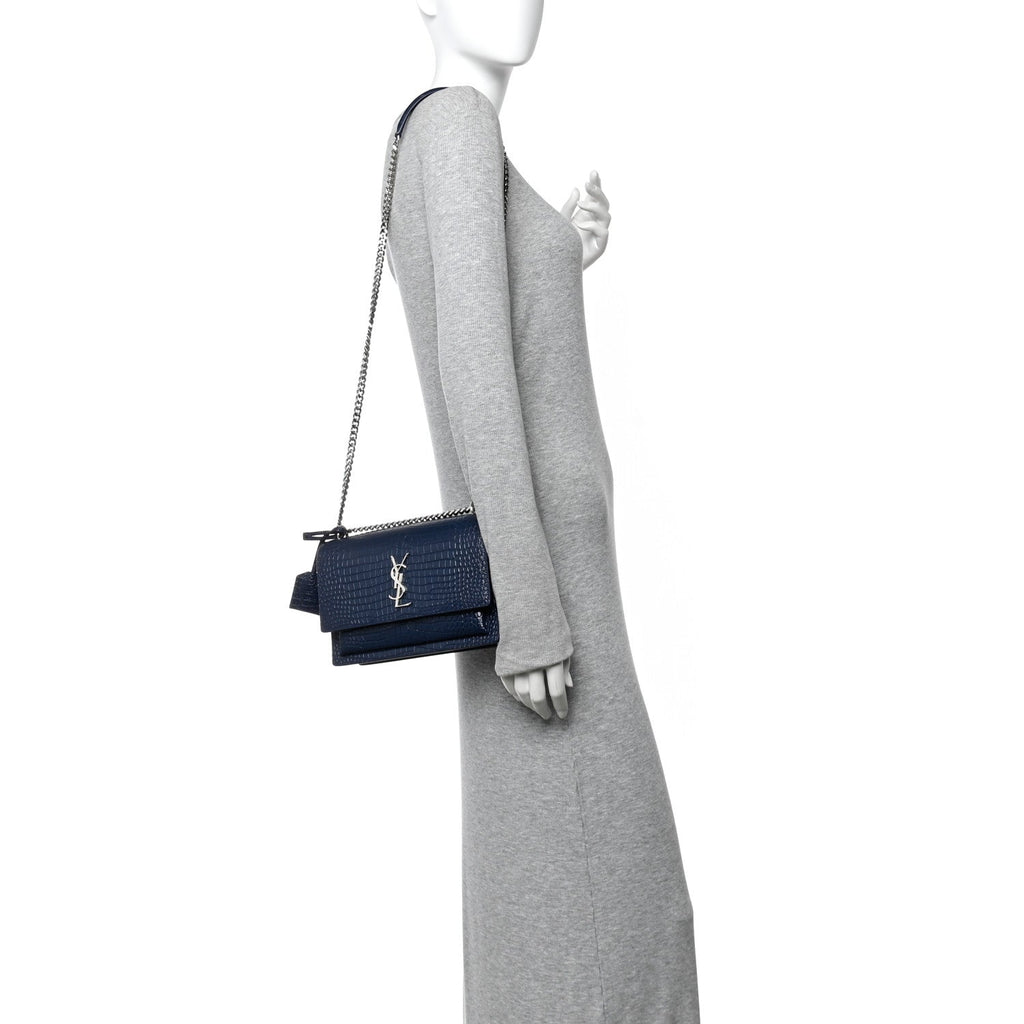 Calfskin Crocodile Embossed Medium Monogram Sunset Navy