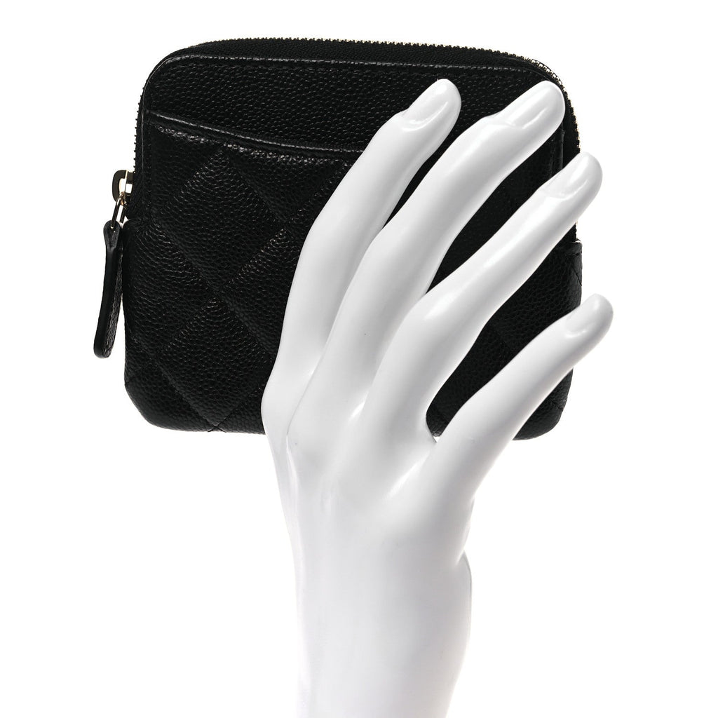 Caviar Quilted Zip  Holder Wallet Black