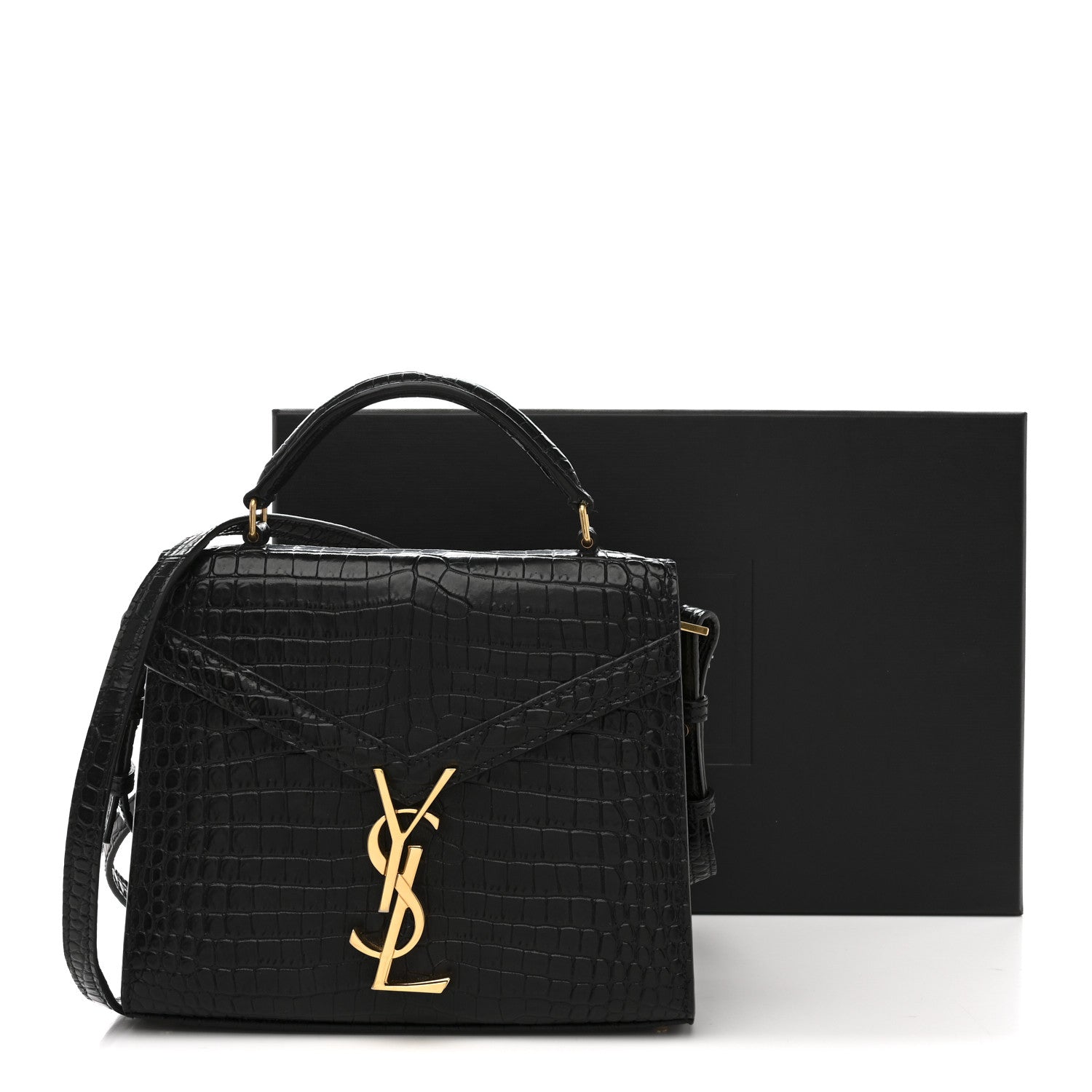 Calfskin Crocodile Embossed Mini Classic Monogram Cassandra Top Handle Black