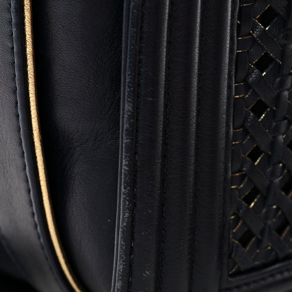 Lambskin Braided Woven Medium Boy Flap Navy Black