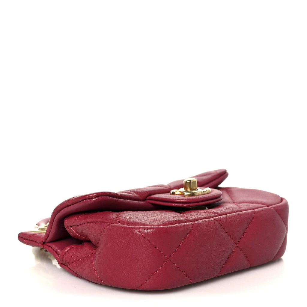 Calfskin Quilted Lady Handle Flap  Holder With Chain Dark Pink