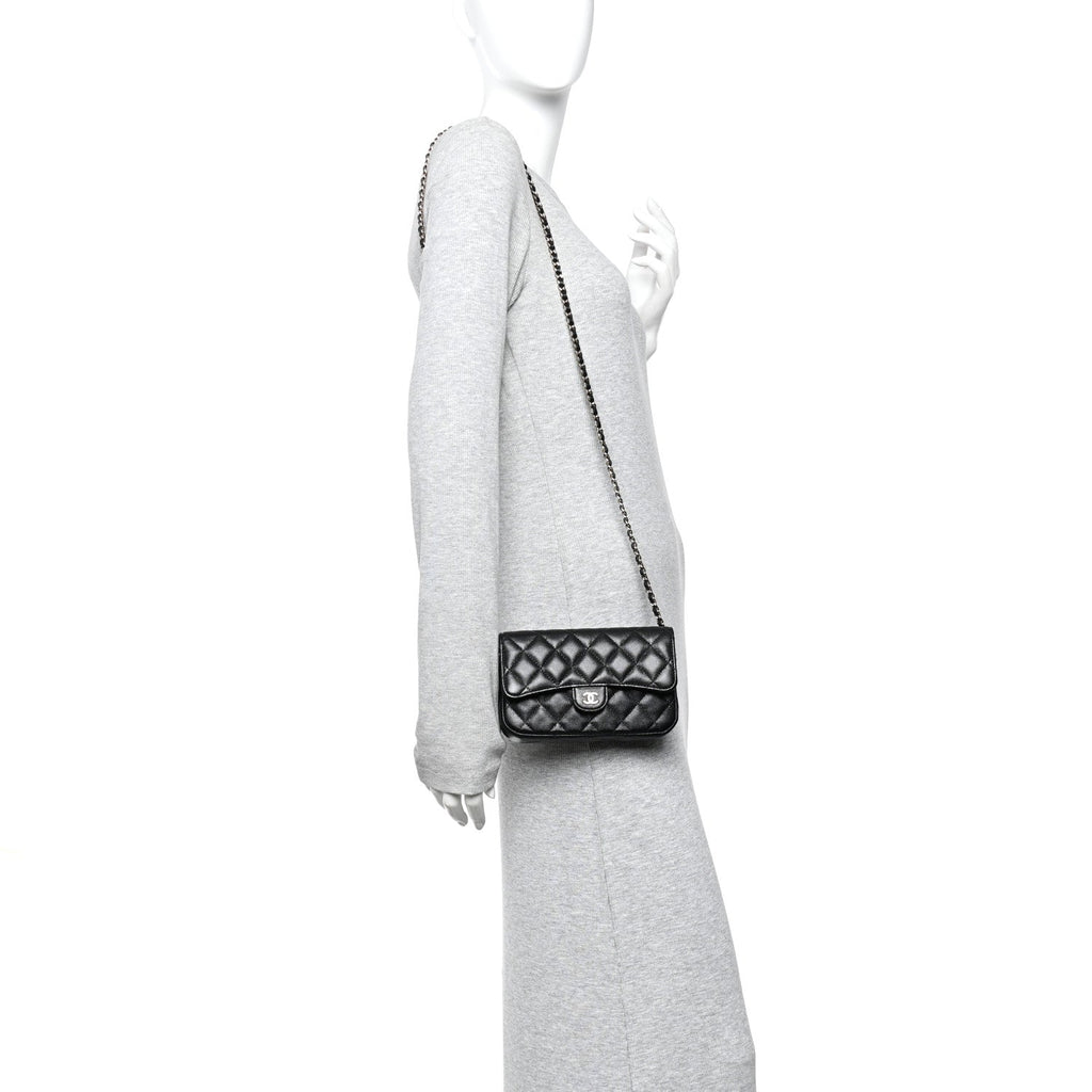 Caviar Quilted Flap Phone Holder With Chain Black