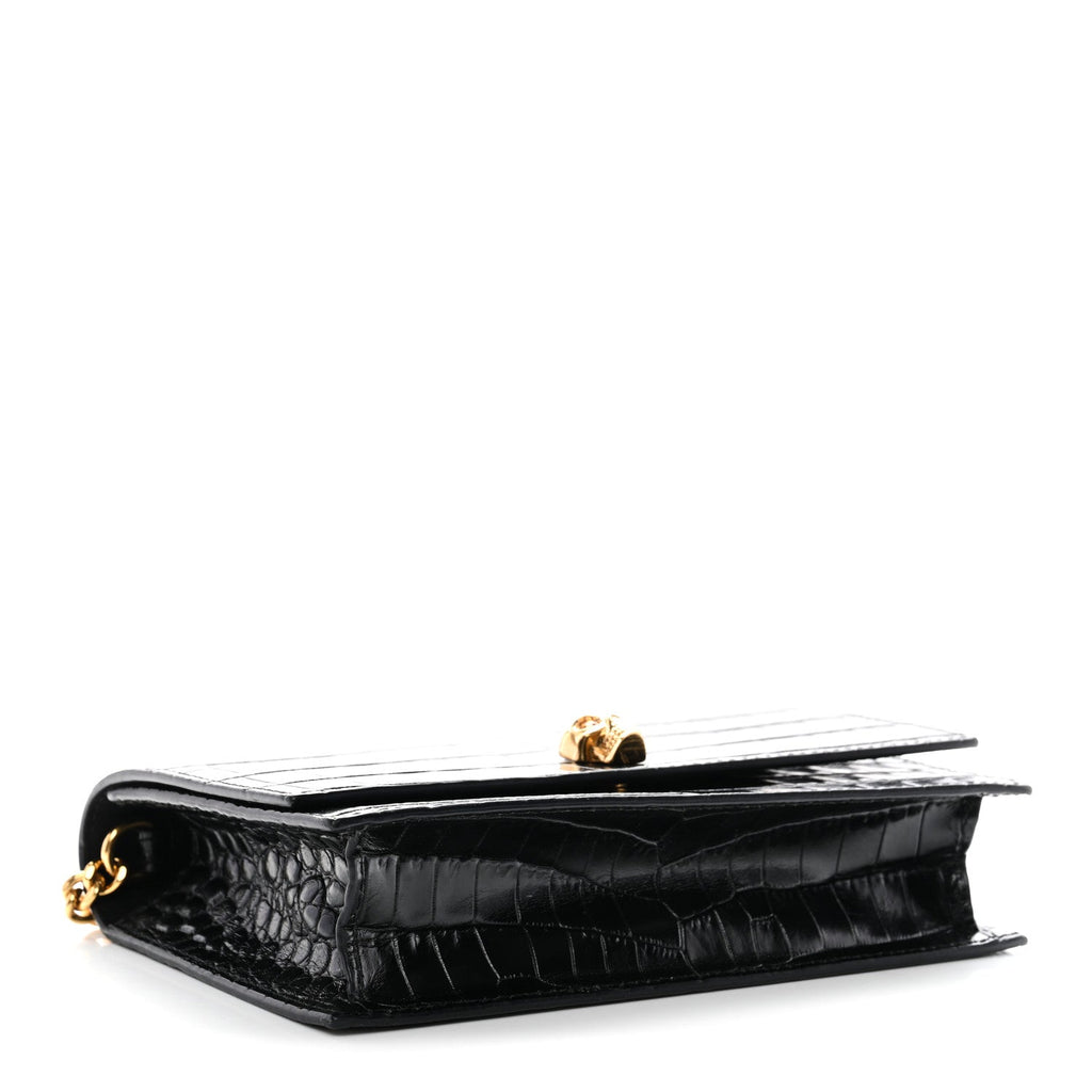 Calfskin Crocodile Embossed Skull Mini Crossbody Bag Black