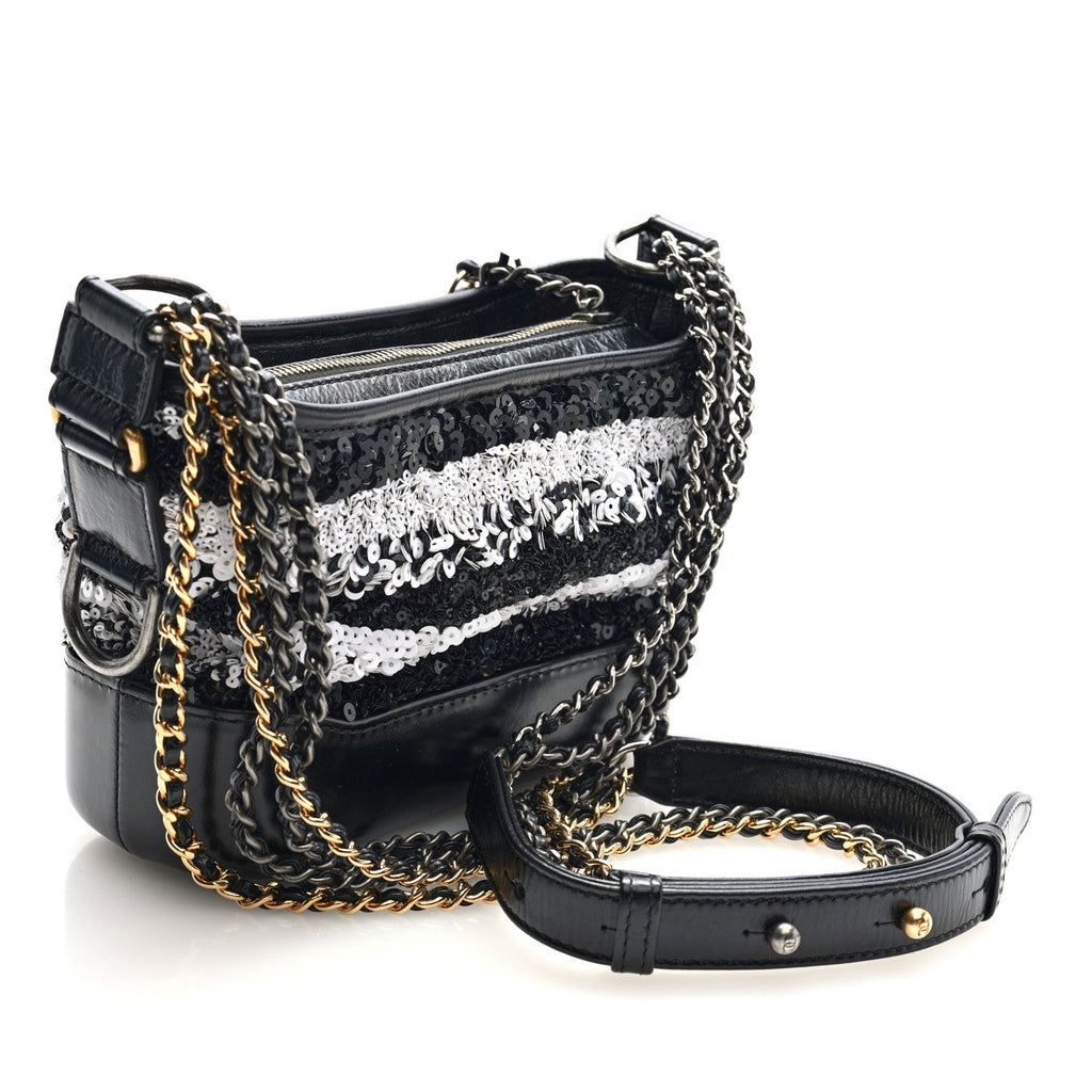 Sequin Calfskin Small Gabrielle Hobo Black White