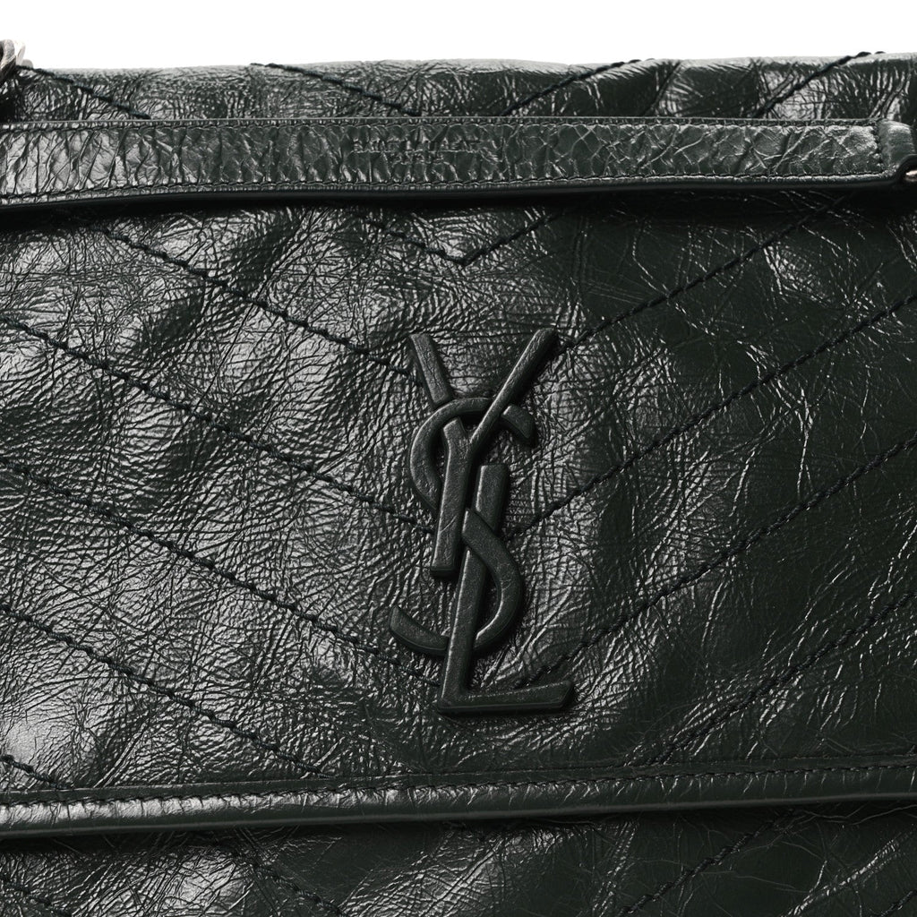 Crinkled Calfskin Matelasse Monogram Medium Niki Chain Satchel Dark Green